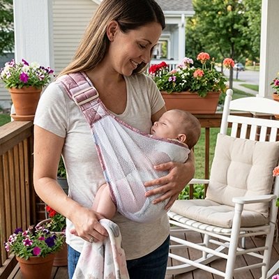 Echarpe de portage maman ravie de voir son bebe qui dort