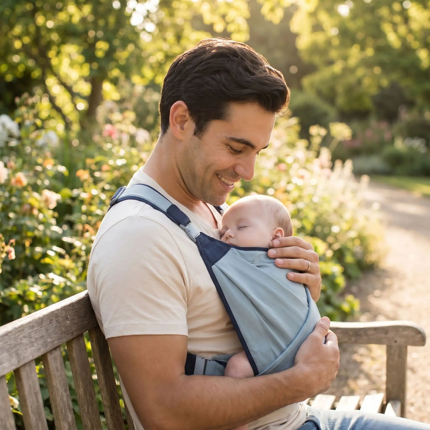 écharpe de portage papa avec bebe au parc