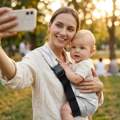 Porte bébé maman avec bebe dans le jardin