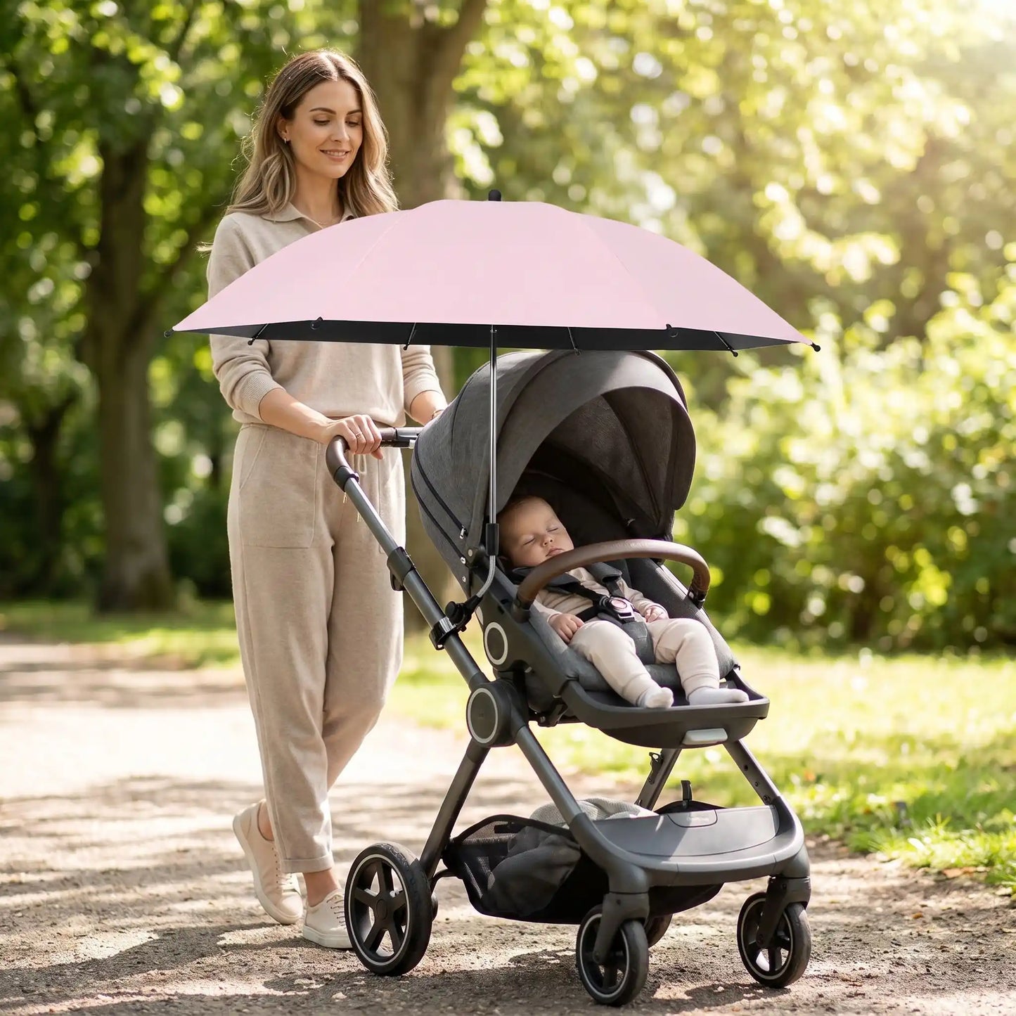 Par soleil pour poussette maman fait une sortie dans les bois avec bebe