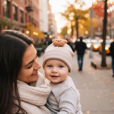 Bonnet bebe  maman souriante avec bebe