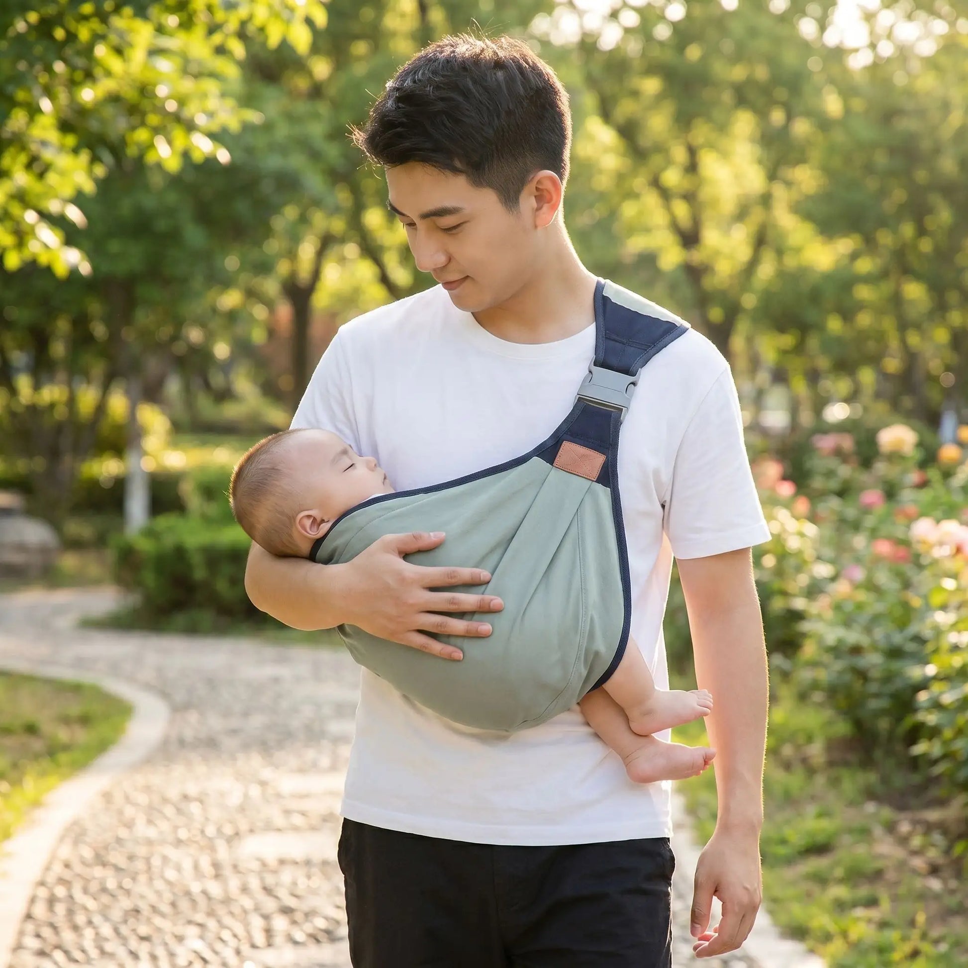 écharpe de portage confort au parc avec papa