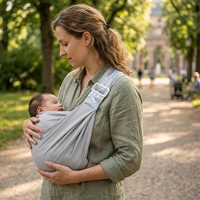 Echarpe de portage maman au parc avec bebe