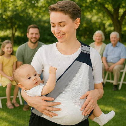 Echarpe de portage maman avec bebe au parc
