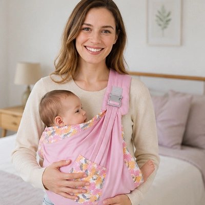 Echarpe de portage maman avec bebe au salon
