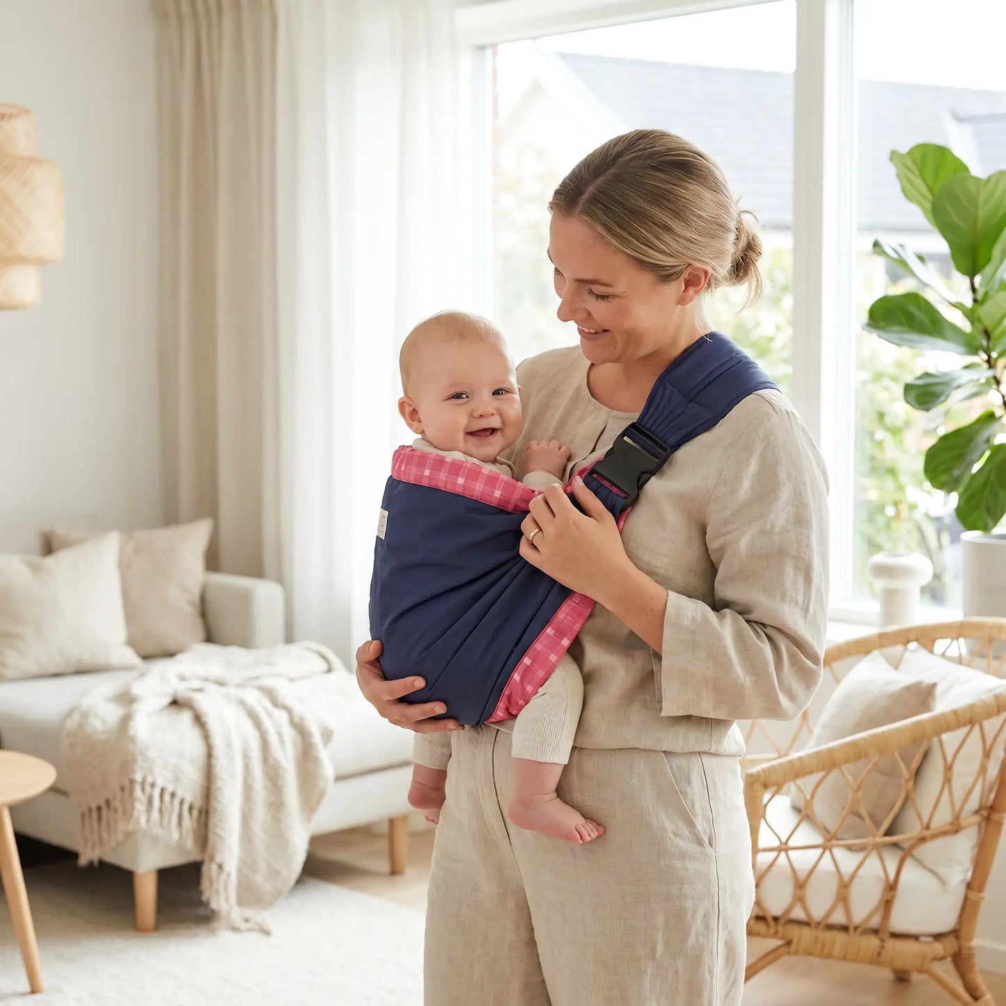 écharpe de portage maman qui rit avec bébé