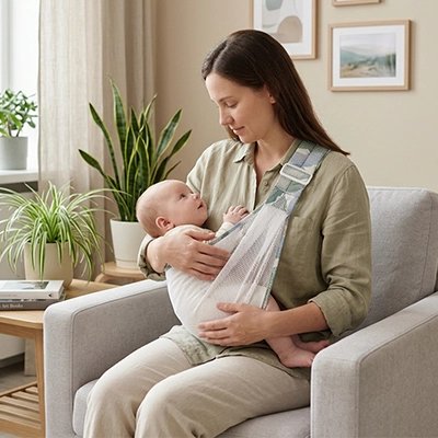 Echarpe de portage maman repose au salon avec bebe