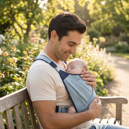 écharpe de portage papa avec bebe au parc
