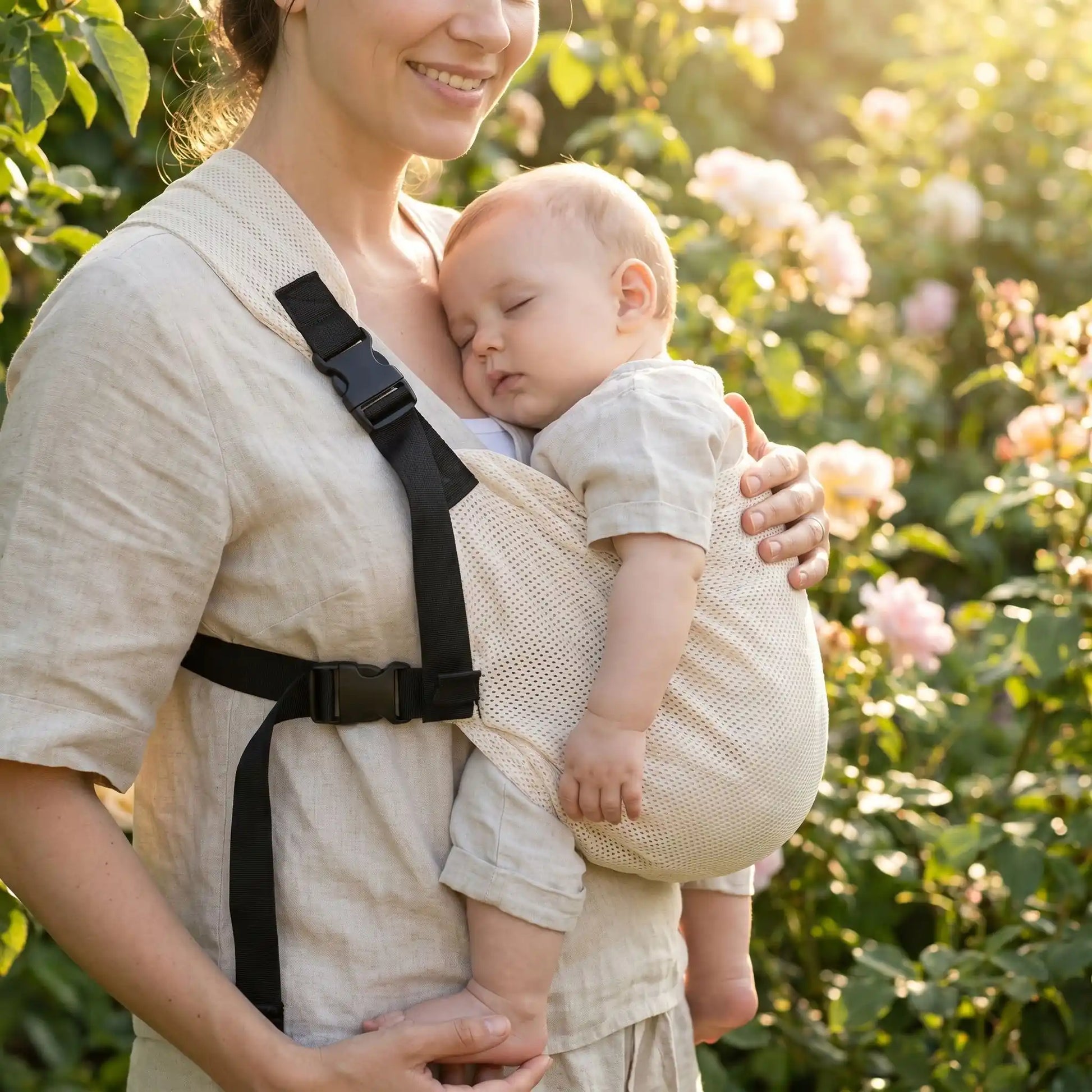 écharpe porte bébé maman au jardin