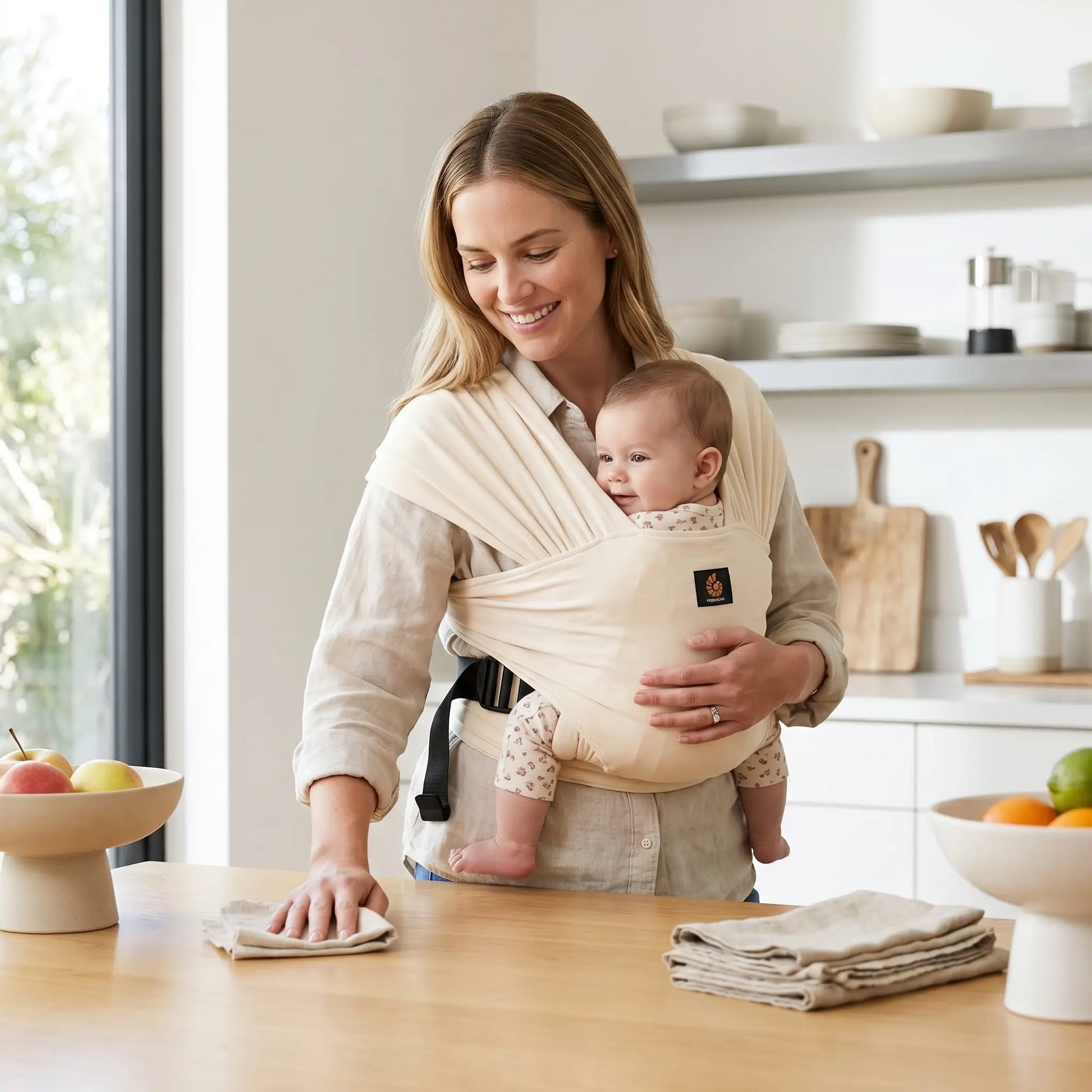 écharpe porte bébé maman dans la cuisine