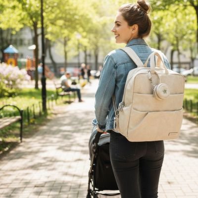 femme sourit avec son Sac à langer à dos 