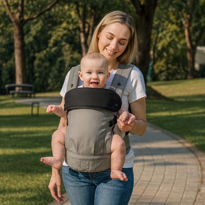 maman au parc avec porte bébé physiologique