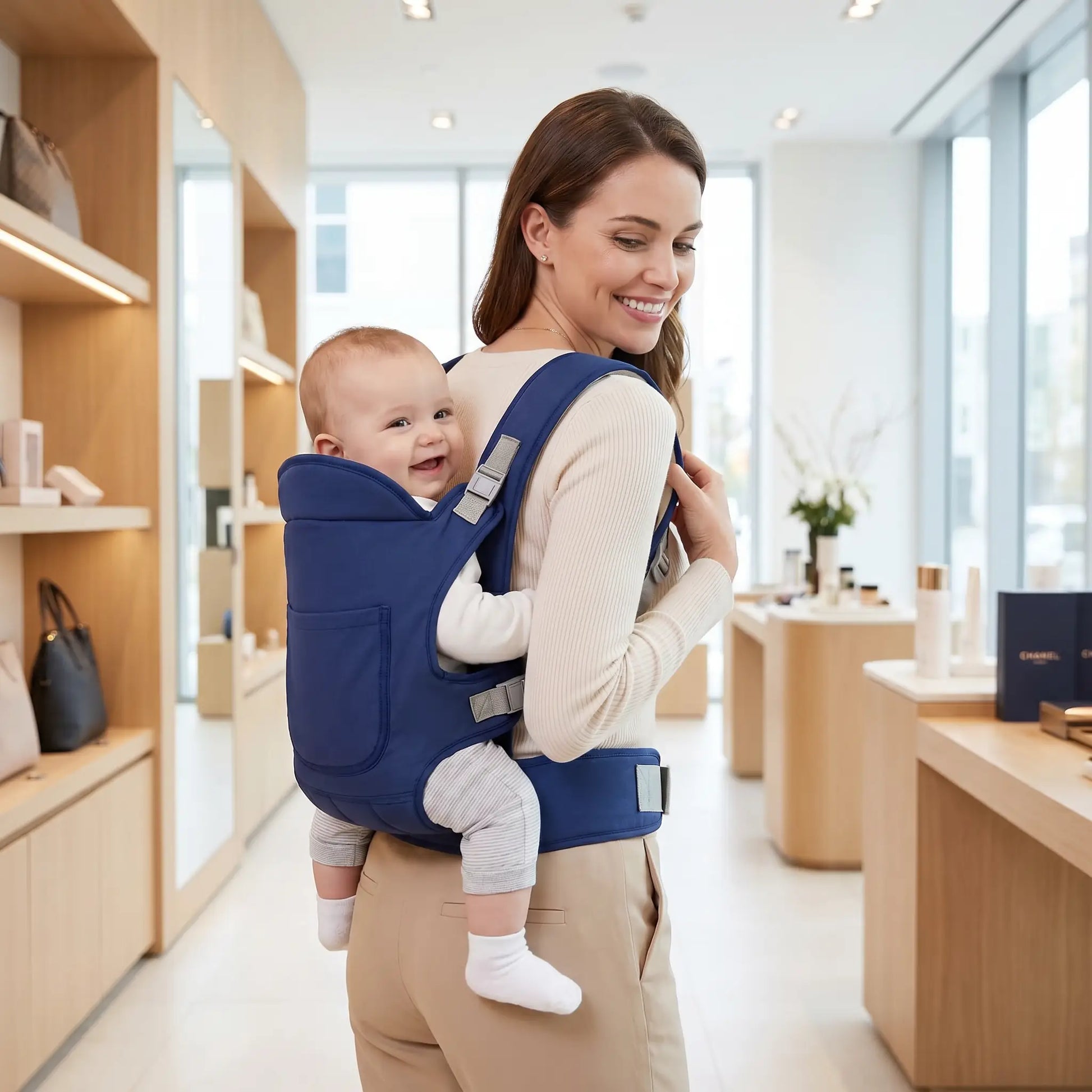 porte bébé maman au magasin
