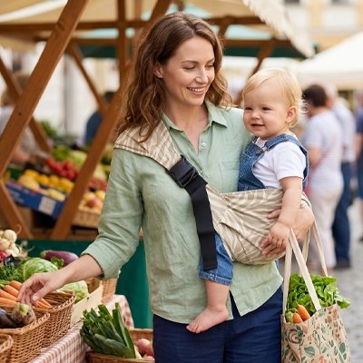 Porte bébé maman au marche avec bebe
