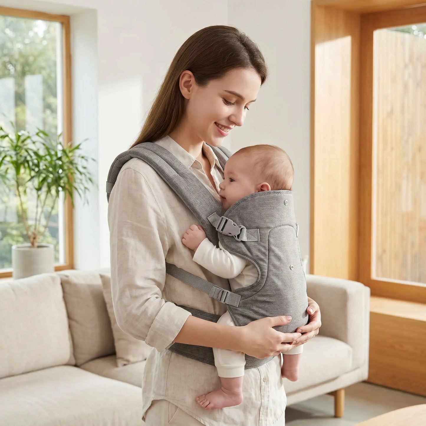 porte bébé maman au salon avec son  bébé