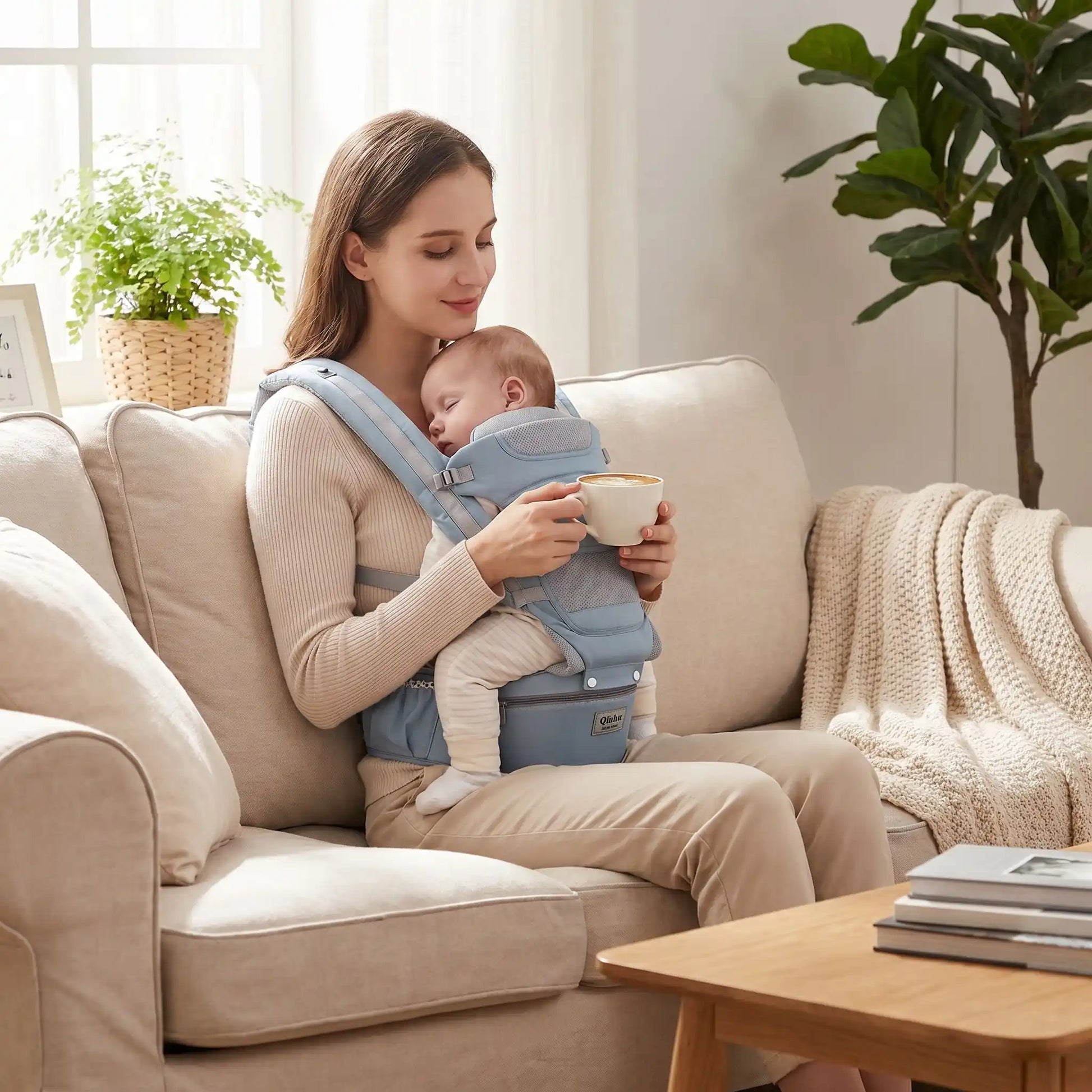 porte bébé maman boit son café au salon