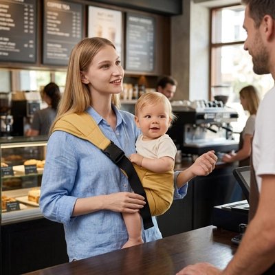Porte bébé maman dans un magasin avec bebe