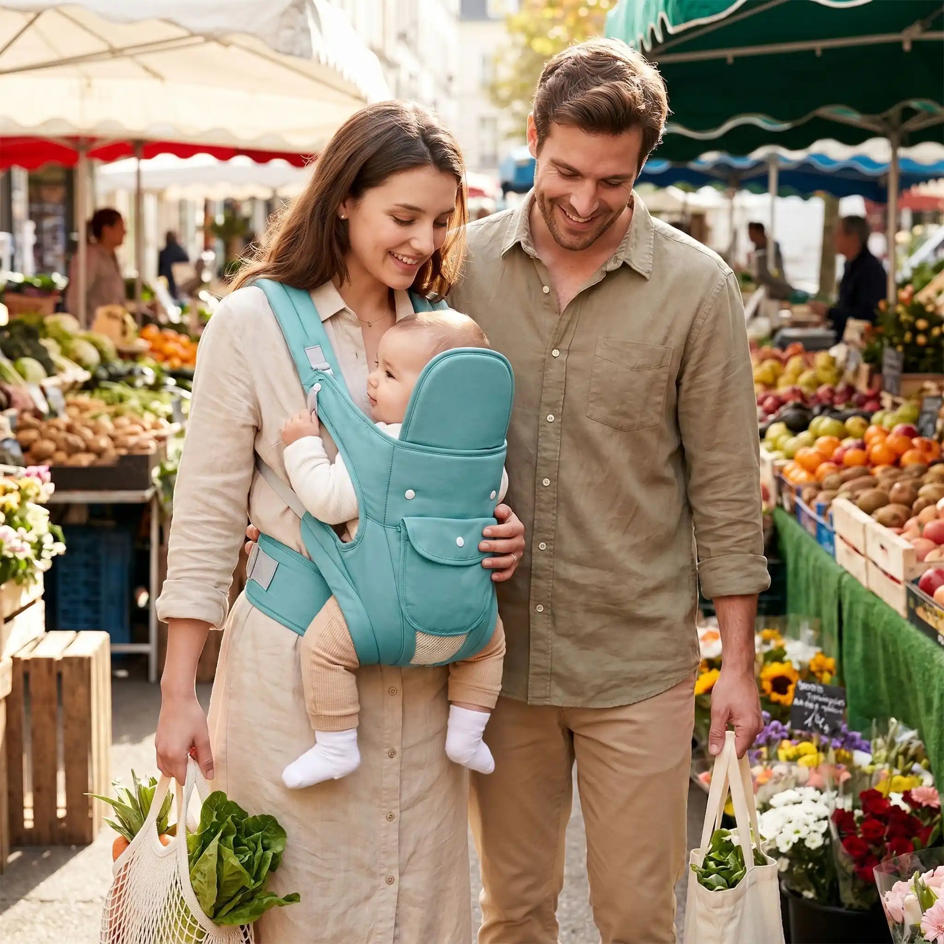 porte bébé maman et papa au marche