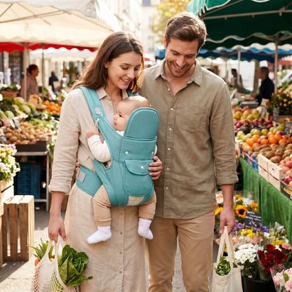 porte bébé maman et papa au marche