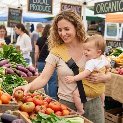 Porte bébé maman fait ses courses avec bebe