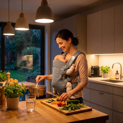 porte bébé maman prépare le diner