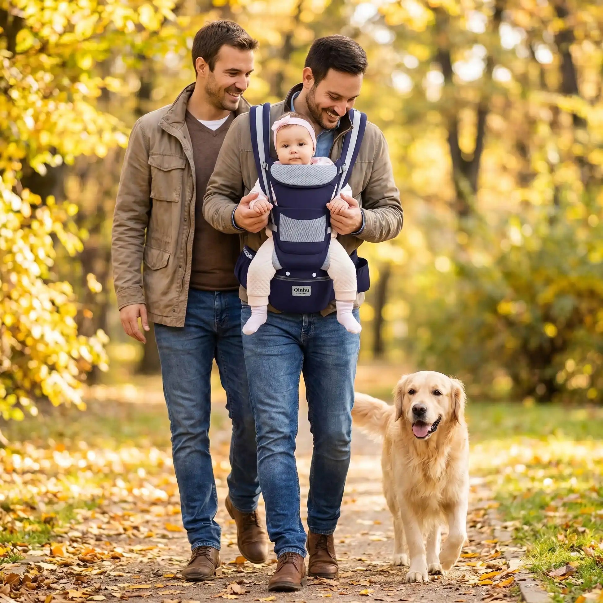 porte bébé papa au parc avec chien