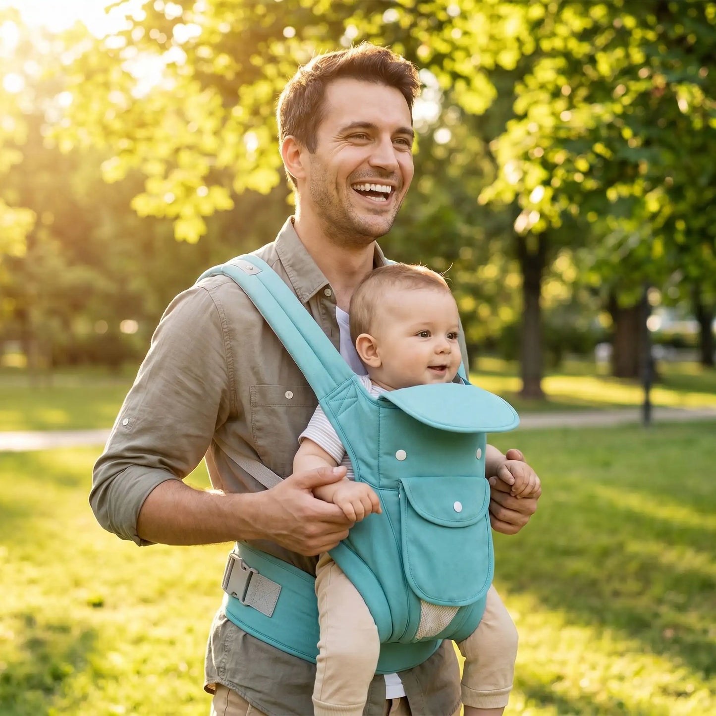 porte bébé papa au parc souriant