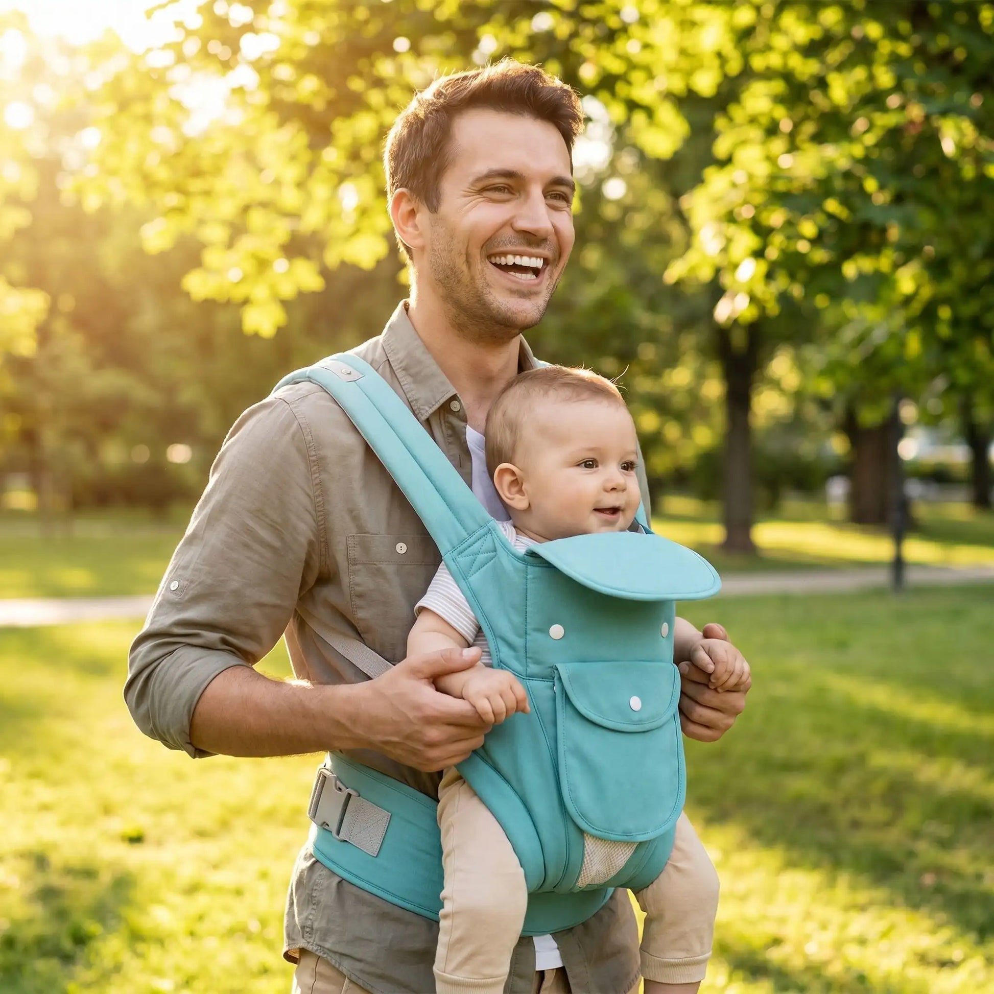 porte bébé papa au parc souriant