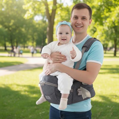 Porte bebe papa et son bebe sourient au parc