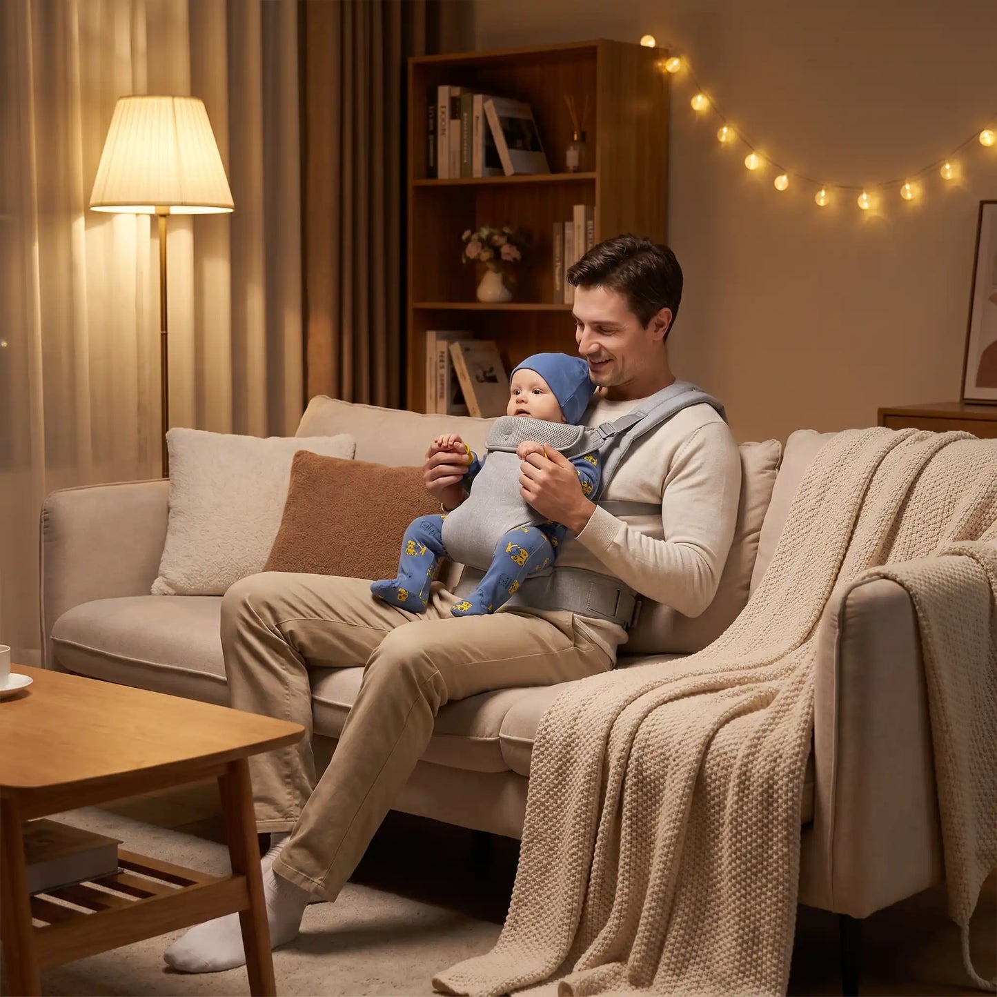 porte bébé papa se relaxe avec son  bébé le soir