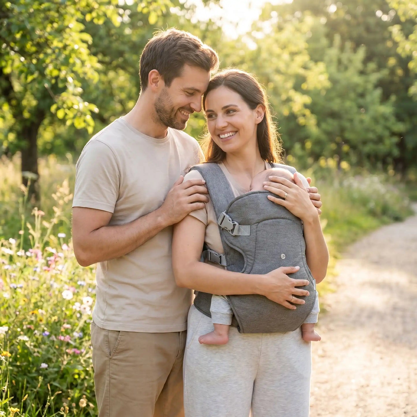 porte bébé parents au parc avec leur  bébé