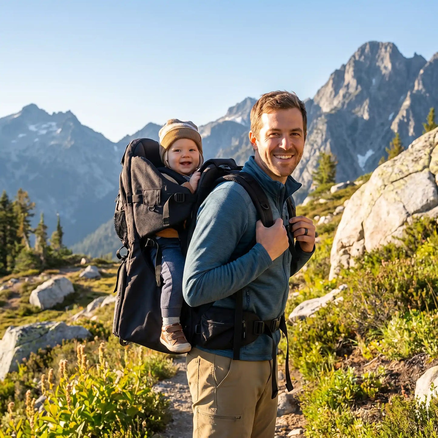 porte bébé randonnée papa en montagne