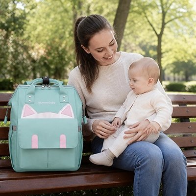 Sac à dos à langer maman avec bebe au parc