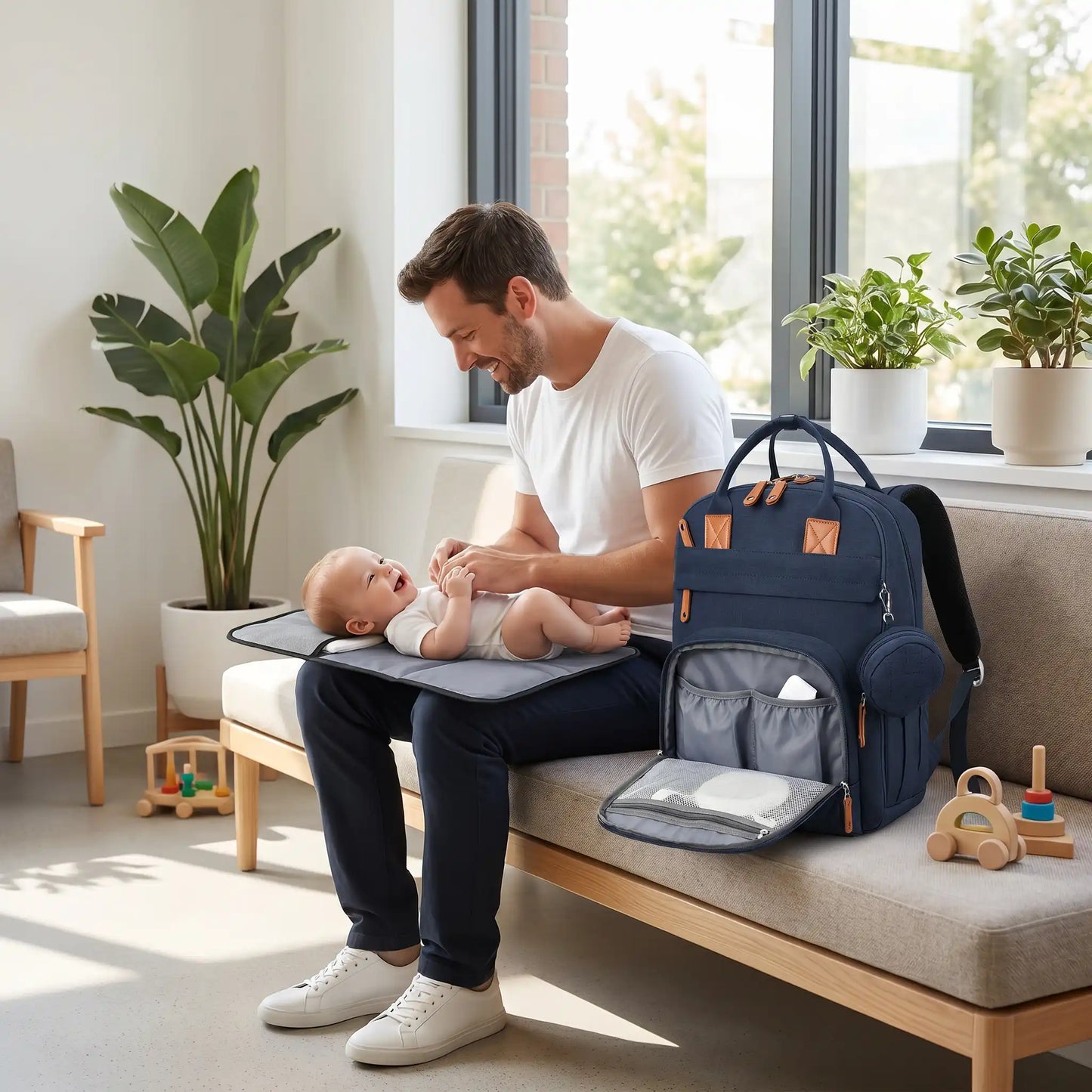 Sac à langer à dos papa avec bebe chez pédiatre