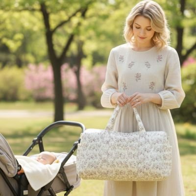 sac à langer maman avec bebe au jardin