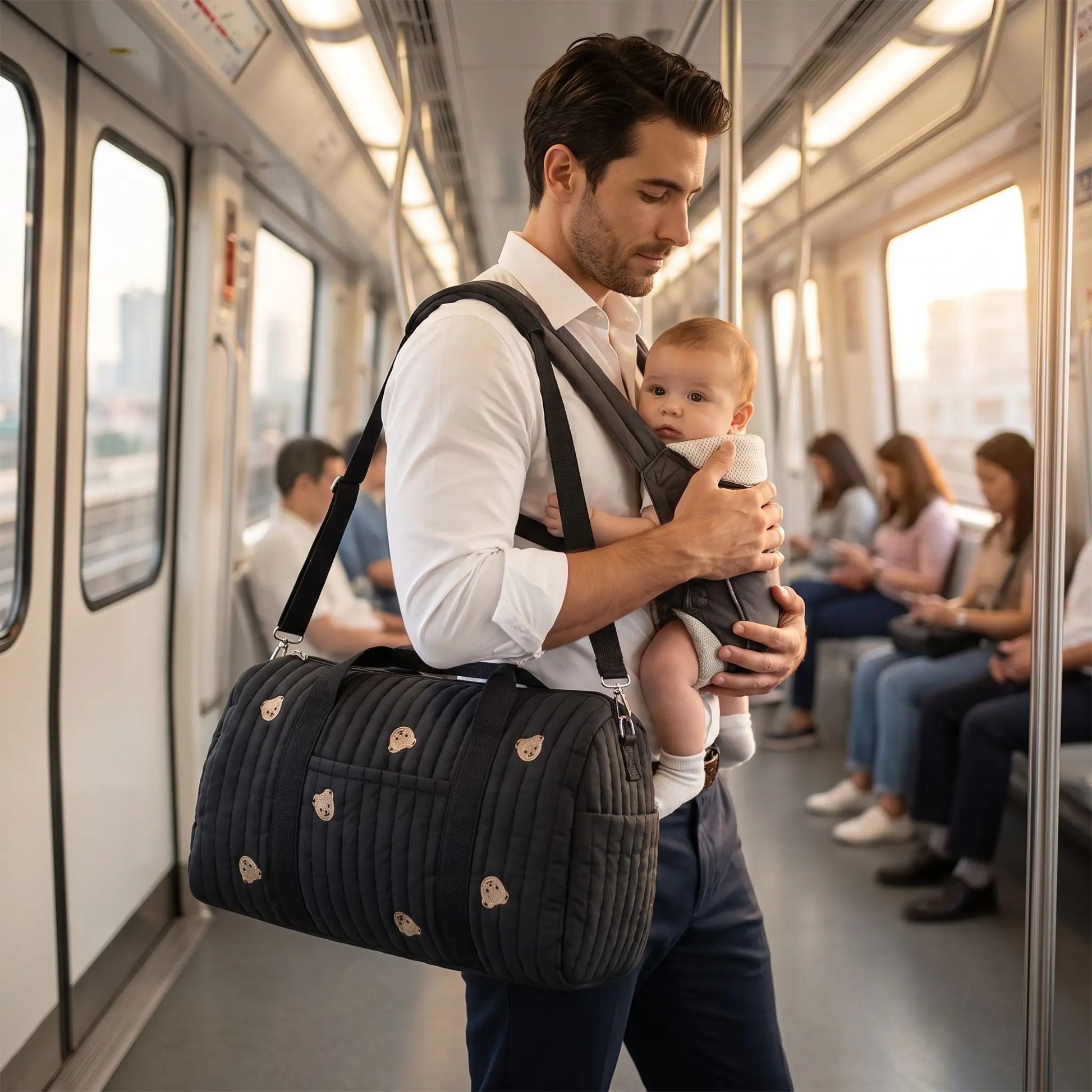 sac à langer papa avec bebe au métro