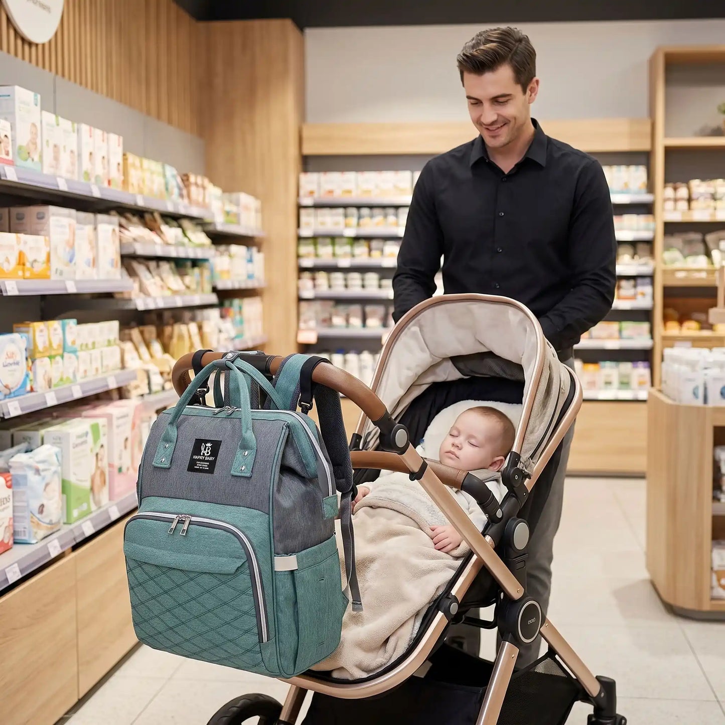 sac à lange papa avec bebe fait des courses