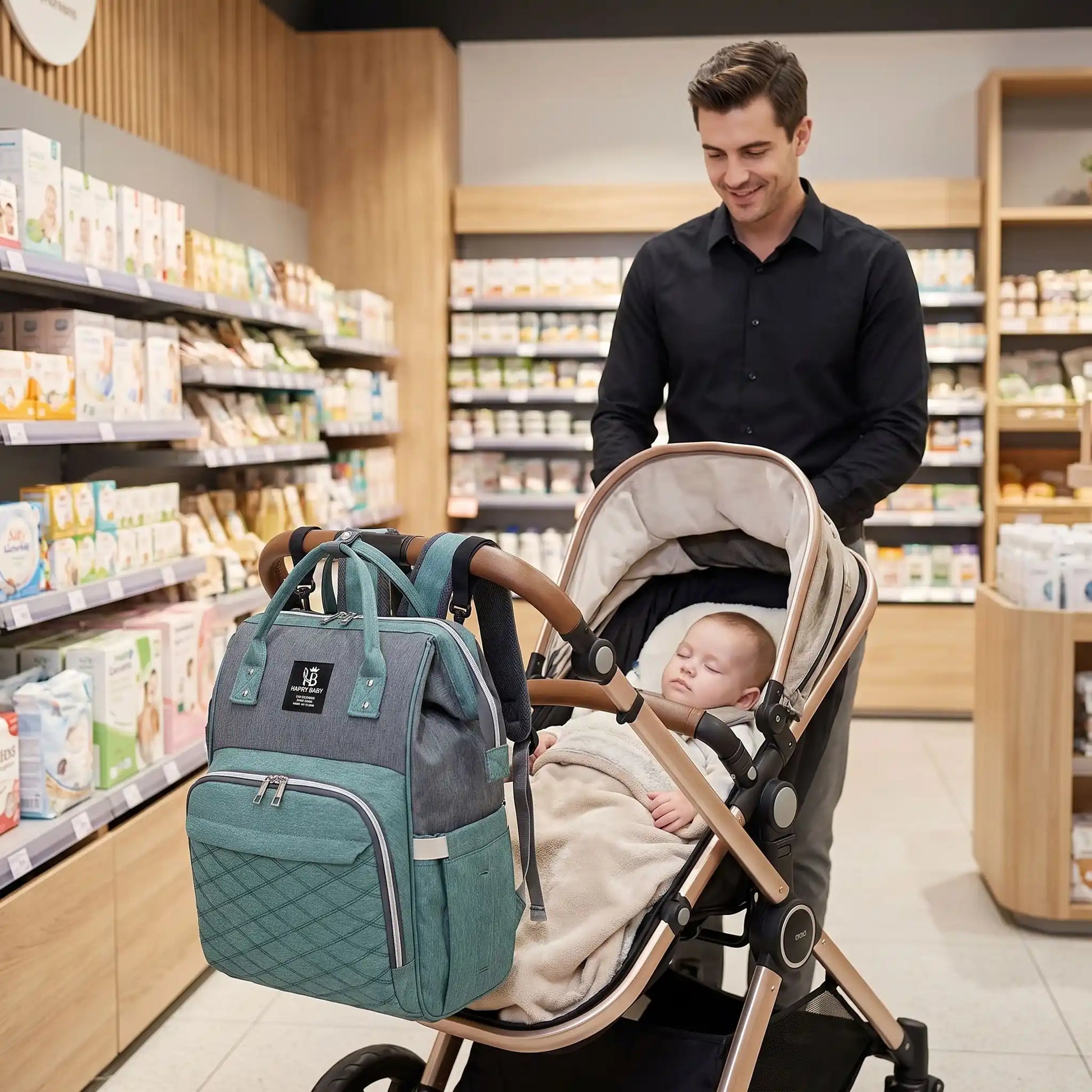 sac à lange papa avec bebe fait des courses