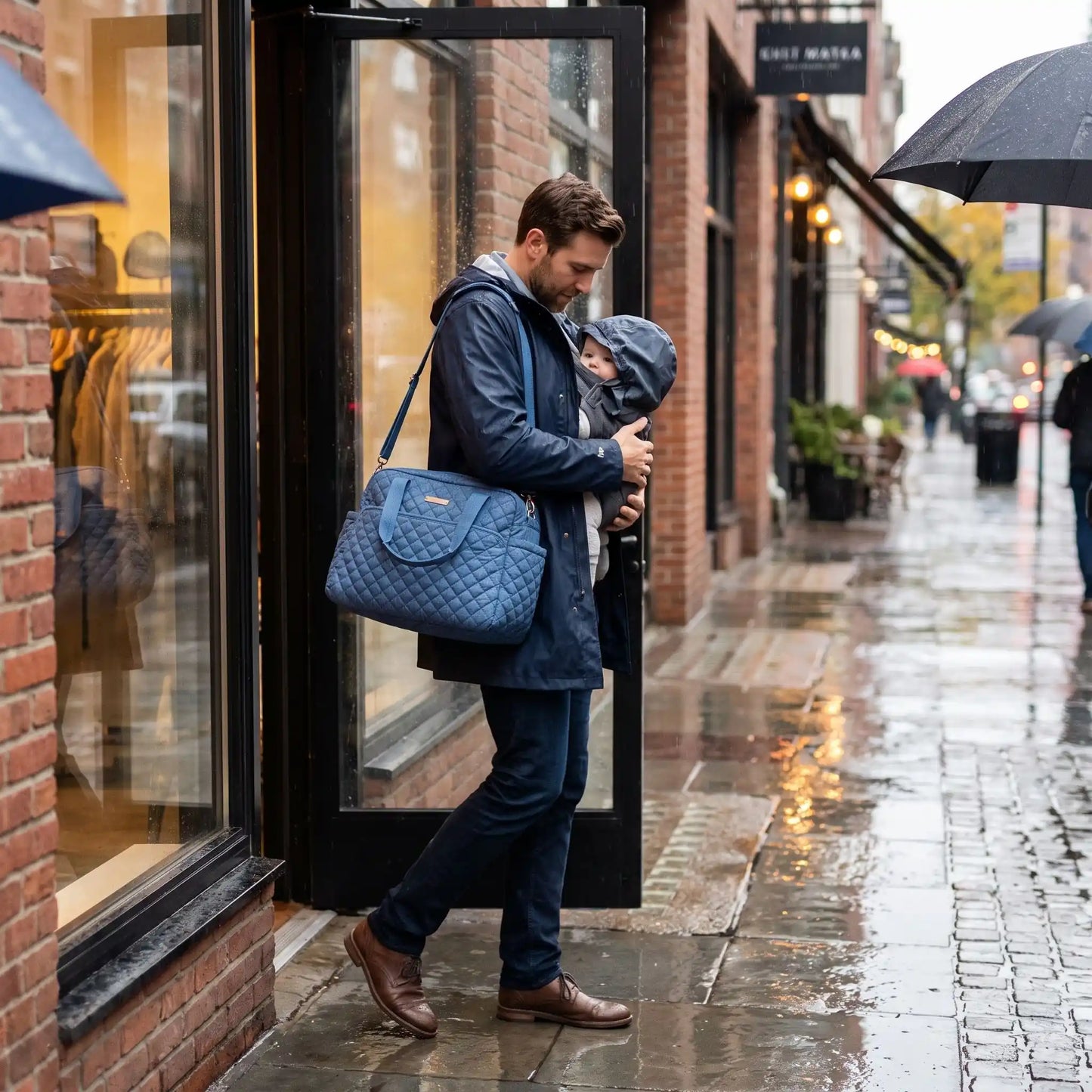 Sac à langer papa fait des courses avec bebe sous la pluie
