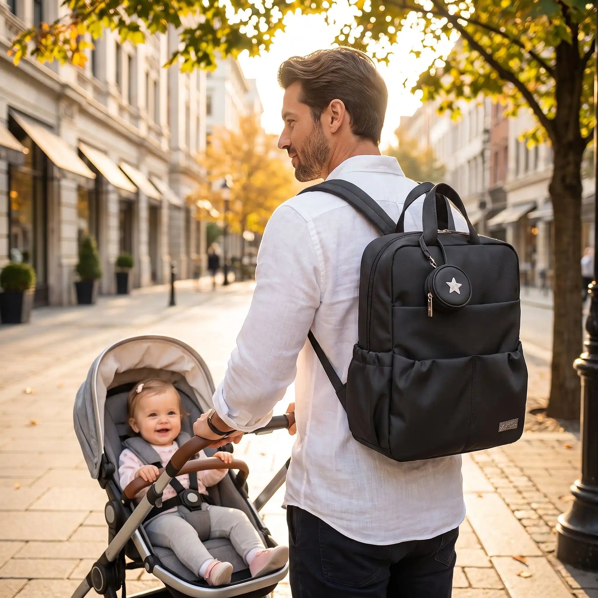 Sac à langer à dos papa en ville avec bebe